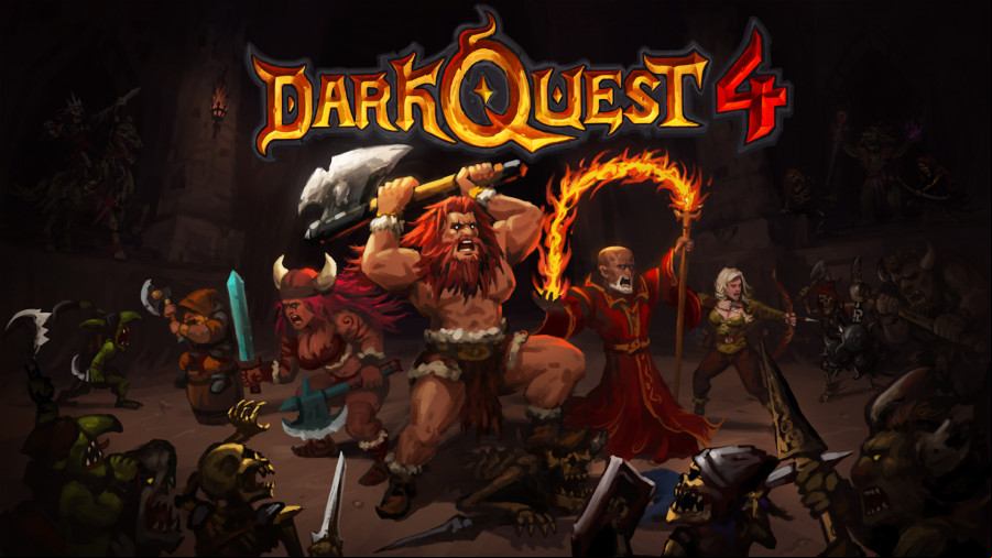 Dark Quest 4 characters all standing in a group with the title above them on a dark background.
