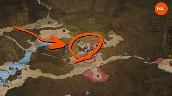 The Monster Hunter Wilds map showing a circled location of the Ember Rufflizard.