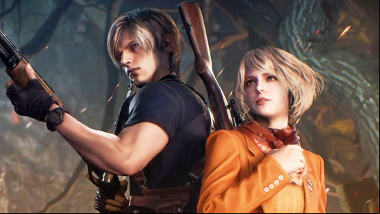 Leon Kennedy and Ashley from Resident Evil 4 stood back to back brandishing weapons