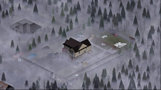 An overhead view of an abandoned house wreathed in fog in Project Zomboid, one of the best open-world games.