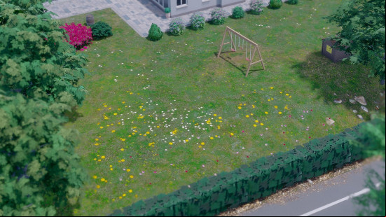 Flowers lay strewn across a garden in Terrain Surfaces, one of the best Cities Skylines 2 mods.