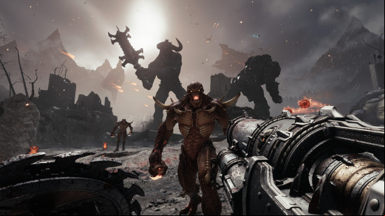 First-person view of Doom Slayer aiming a rocket launcher at a demon in Doom The Dark Ages. A giant demon and mech battle in the background.