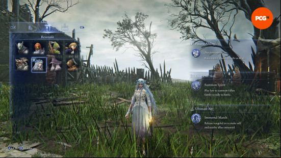 Best Elden Ring Nightreign Revenant build: the Revenant stands on a grassy field with her ability UI on screen