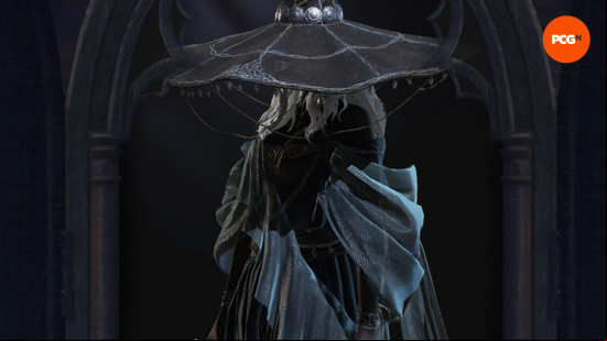 Elden Ring Nightreign skins: the Recluse wearing a huge witch's hat and a blue dress