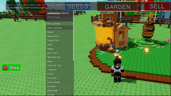 The commands screen in Grow a Garden.