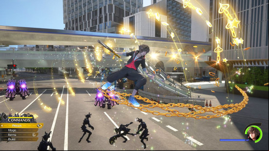 Kingdom Hearts 4 gameplay: Sora flying through the air on chains while Heartless clamor below