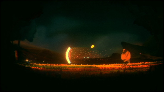 A giant, bearded man shoots projectiles at the protagonist.