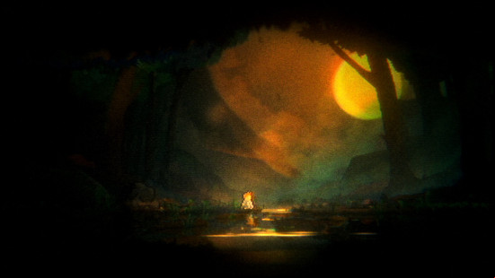 The protagonist exploring a level, looking up at the moon.