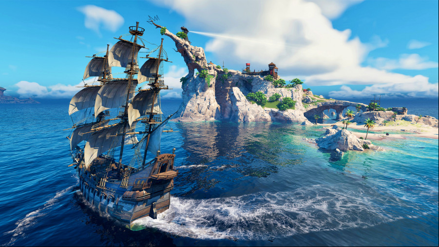 Sea of Remnants - A boat sails around an island.